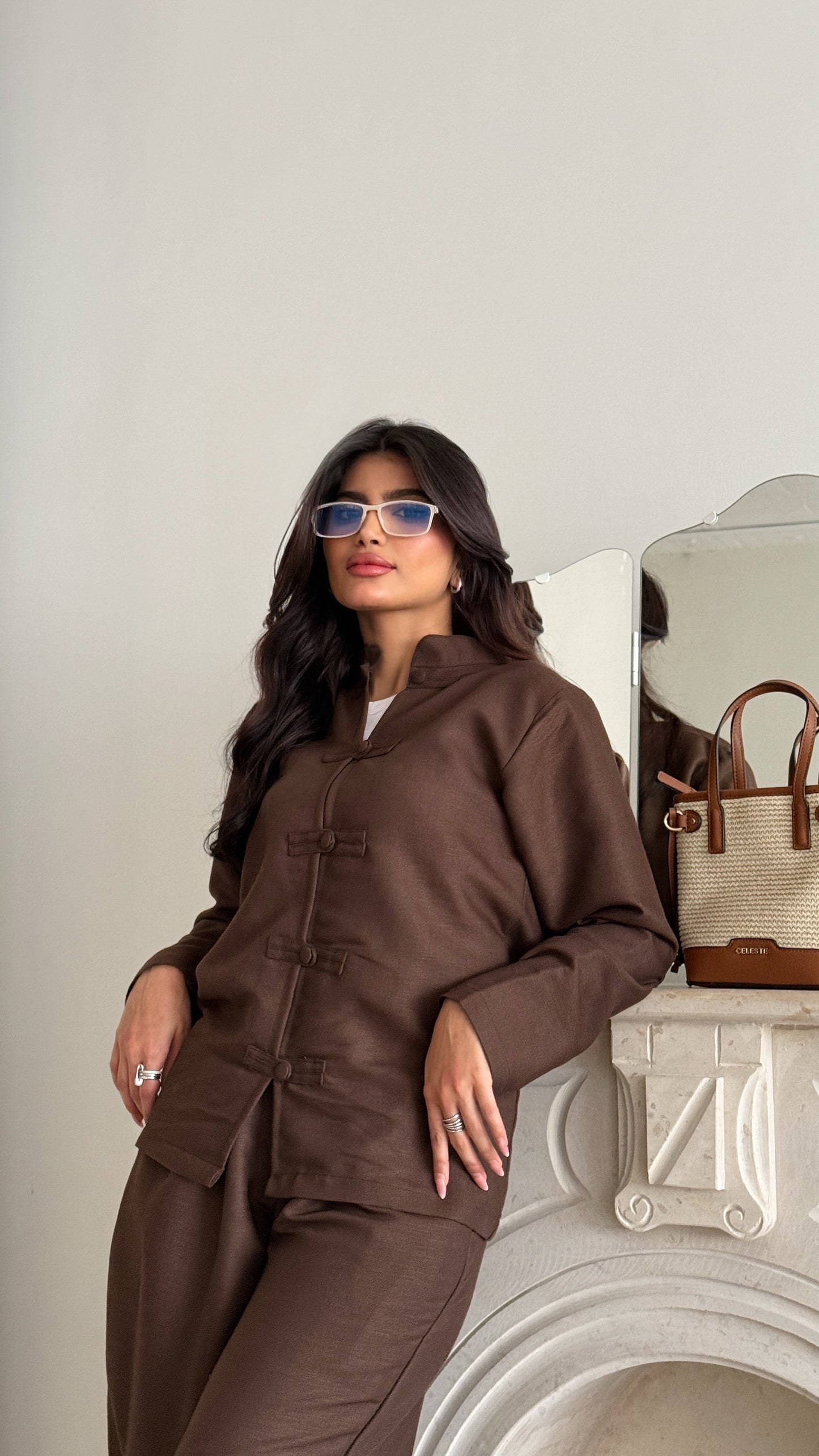بدلة كتان تركية بنية بأزرار