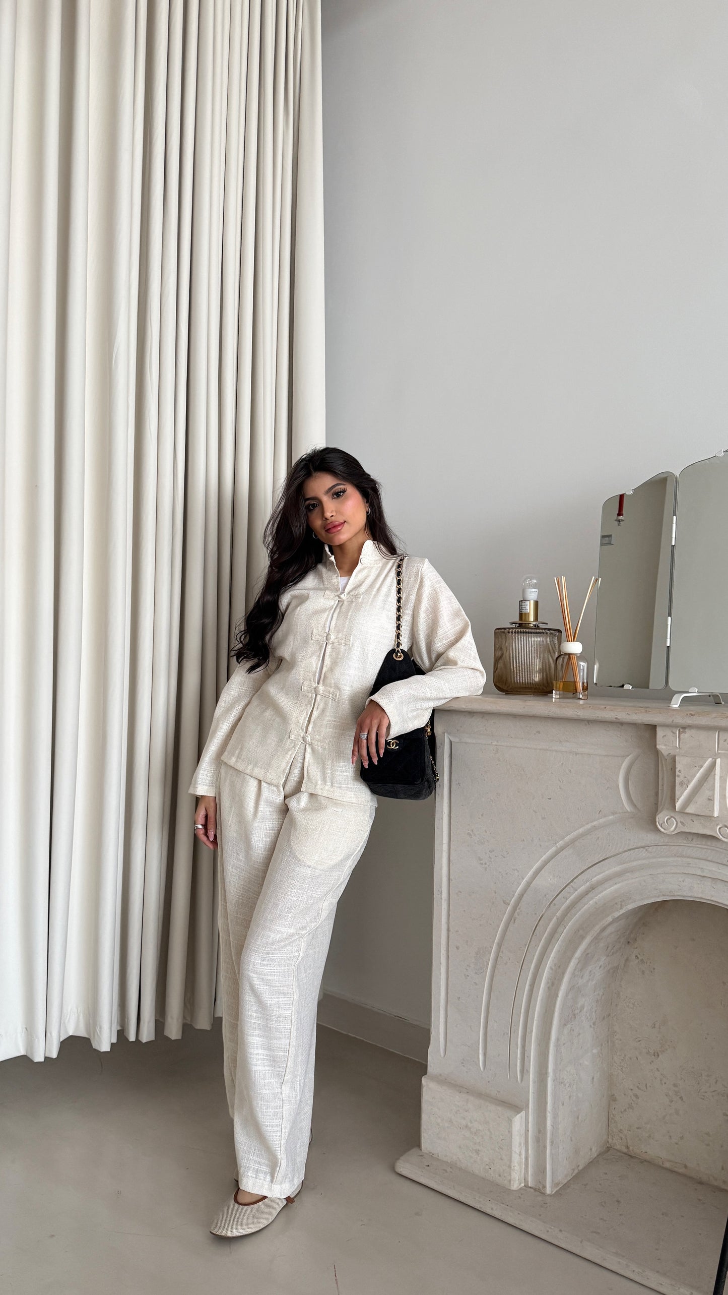 Off-white linen suit with buttons