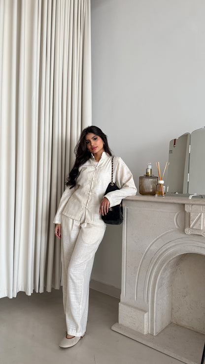 Off-white linen suit with buttons