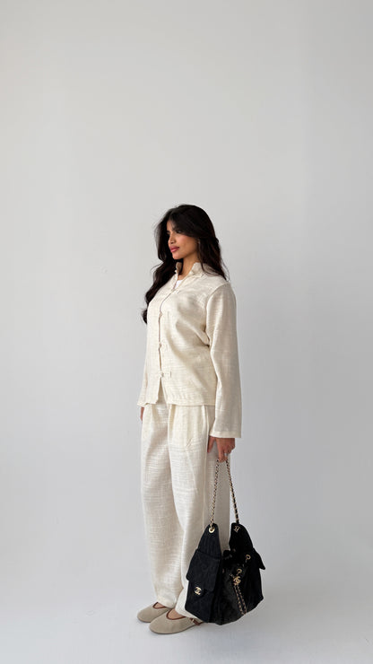 Off-white linen suit with buttons