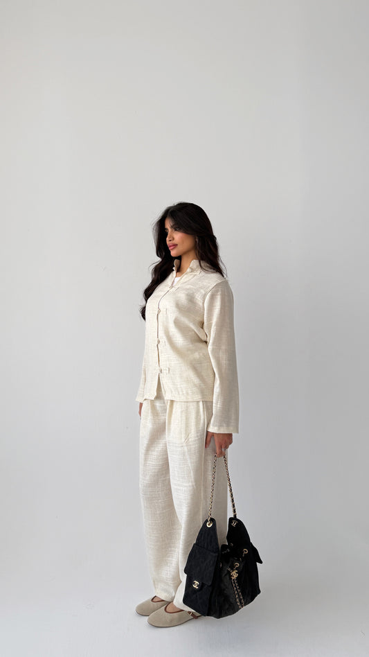 Off-white linen suit with buttons