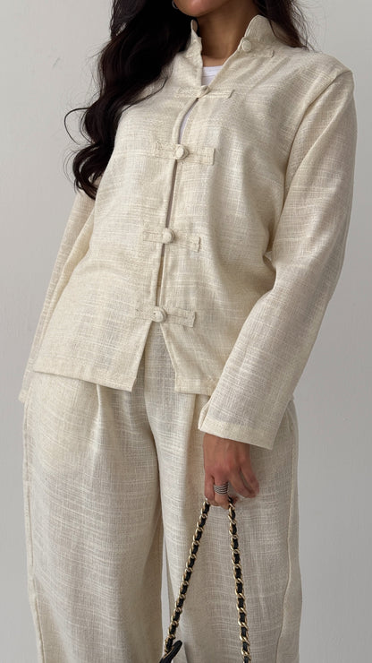 Off-white linen suit with buttons