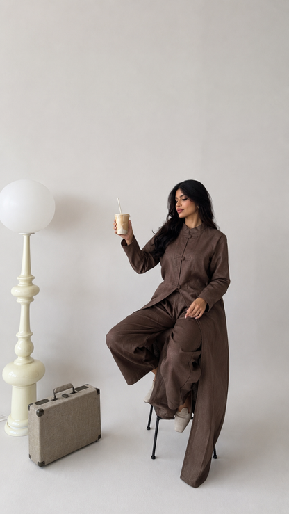 A brown linen Turkish waistcoat with trousers
