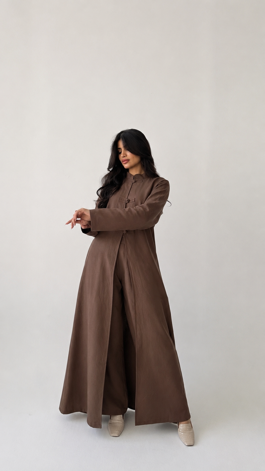 A brown linen Turkish waistcoat with trousers