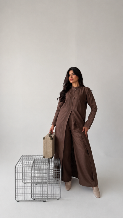 A brown linen Turkish waistcoat with trousers