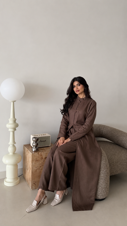 A brown linen Turkish waistcoat with trousers